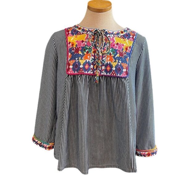 Hannah Hippie Boho Chic Blue White Stripe Embroidered Tunic Top Size Large - Picture 1 of 9